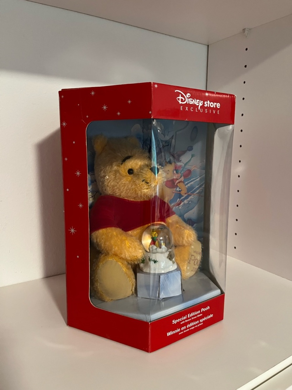 Disney Yellow Pooh Plush with Red Shirt and Snow Globe Accessory